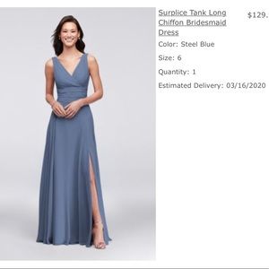 New David’s bridal steel blue bridesmaid dress surplice tank long